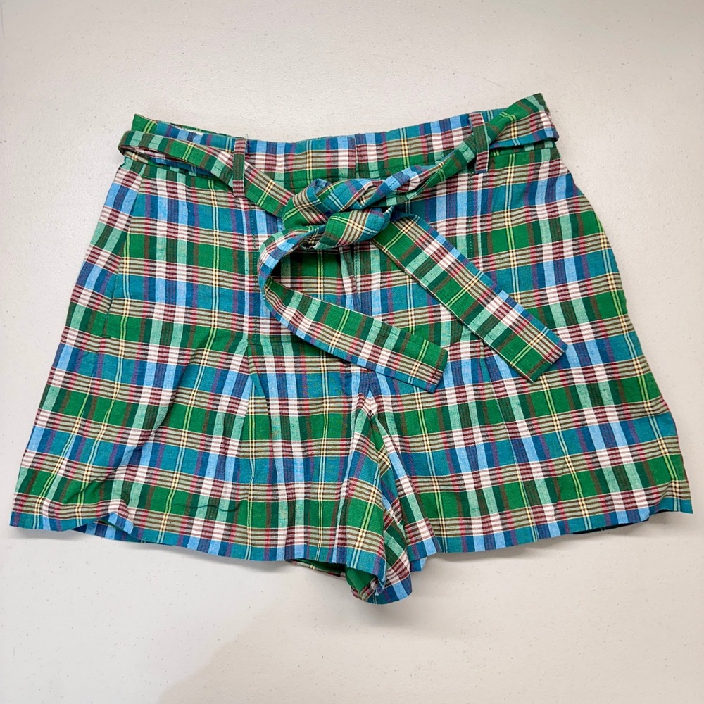 J. Crew Women's Linen Blend Plaid Madras Paper Bag Shorts Green Blue 6